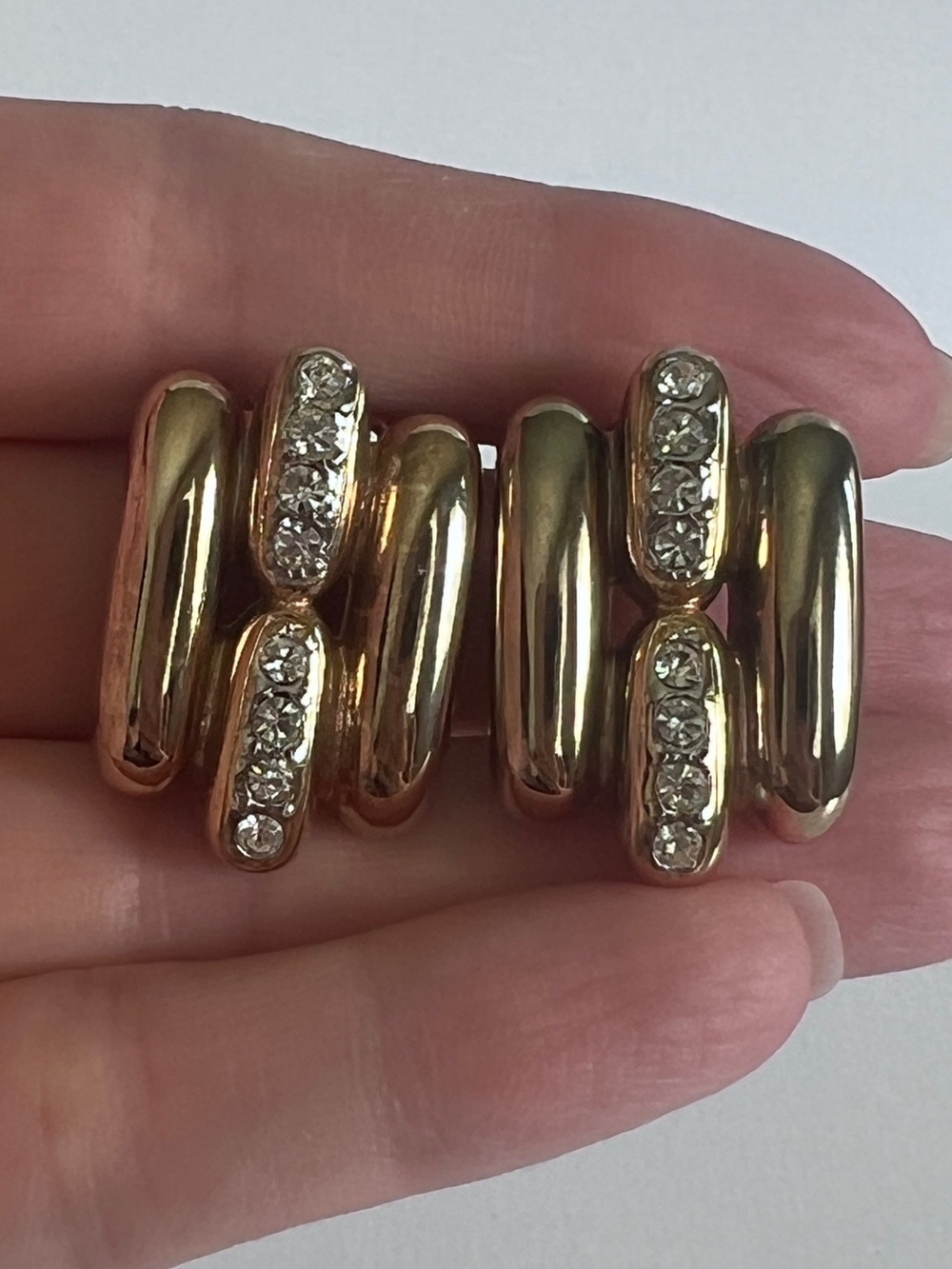 Vintage Shrimp or Macaroni Style Gold Tone Crystal Rhinestones Clip-On Earrings